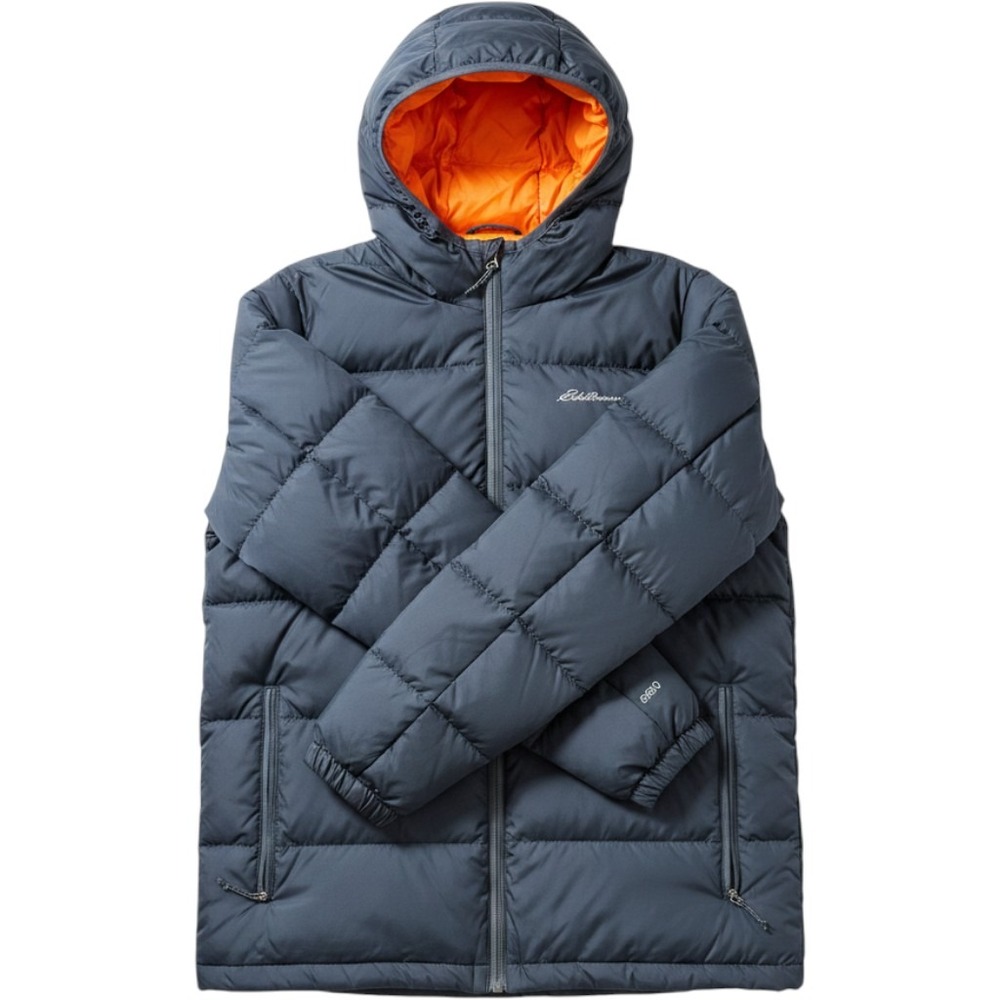 Eddie Bauer Mens Wide Channel Hooded Down Jacket 650 Fill Puffer Blue Orange M